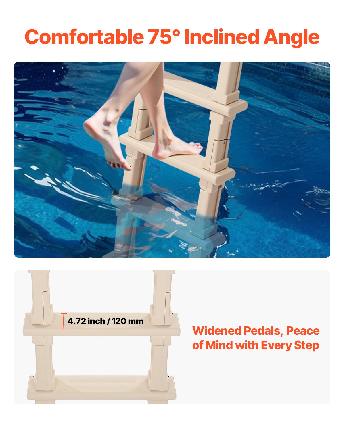 VEVOR Swimming Pool Ladder, Inclined 5-Step Double Handrails Stair, Non-slip Heavy Duty Step, Load Capacity 300 lb, for 48-54" Inground & Above-ground Pools of Any Deck Surface Indoor & Outdoor, Taupe - DXYCTTBGGSLHJ6UMVV0 - view 5