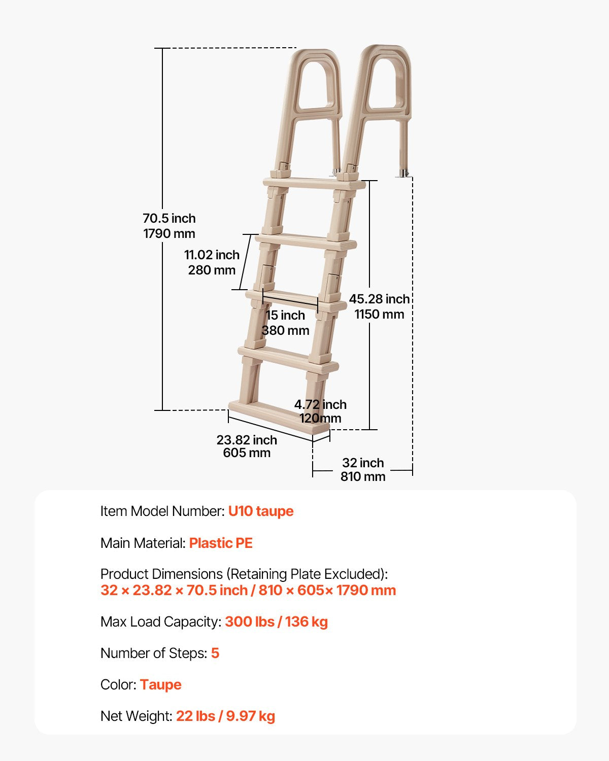 VEVOR Swimming Pool Ladder, Inclined 5-Step Double Handrails Stair, Non-slip Heavy Duty Step, Load Capacity 300 lb, for 48-54" Inground & Above-ground Pools of Any Deck Surface Indoor & Outdoor, Taupe - DXYCTTBGGSLHJ6UMVV0 - view 8