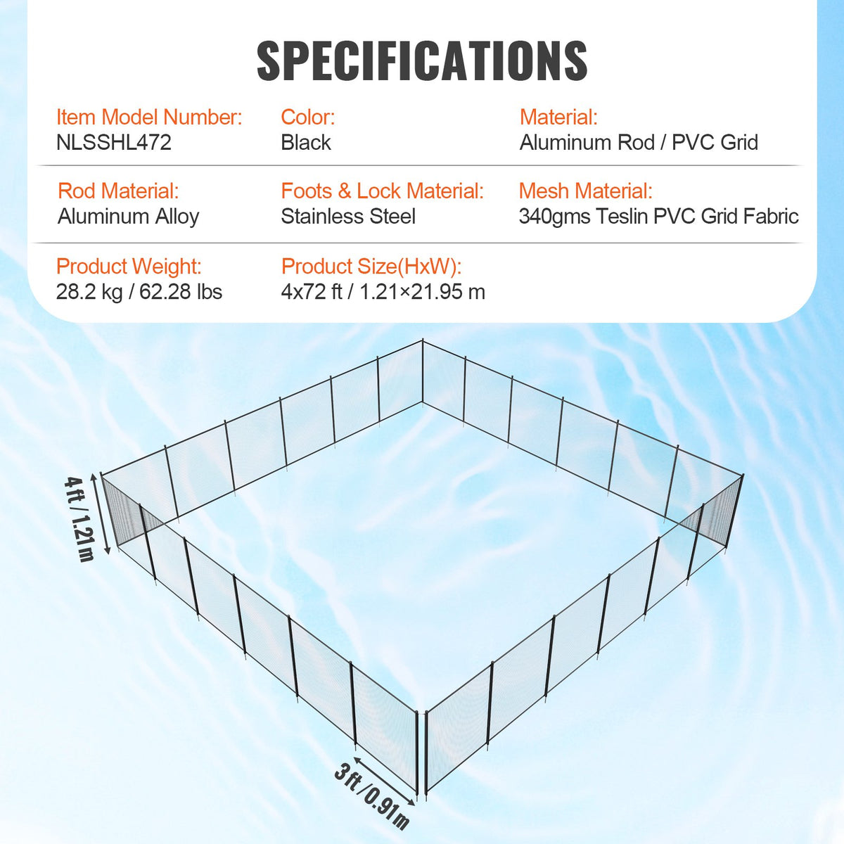 VEVOR Pool Fence, 4 x 72 FT Pool Fences for Inground Pools, Removable Child Safety Pool Fencing, Easy DIY Installation Swimming Pool Fence, 340gms Teslin PVC Pool Fence Mesh Protects Kids and Pets - DXYCWL472FTH8LOXPV0 - view 8