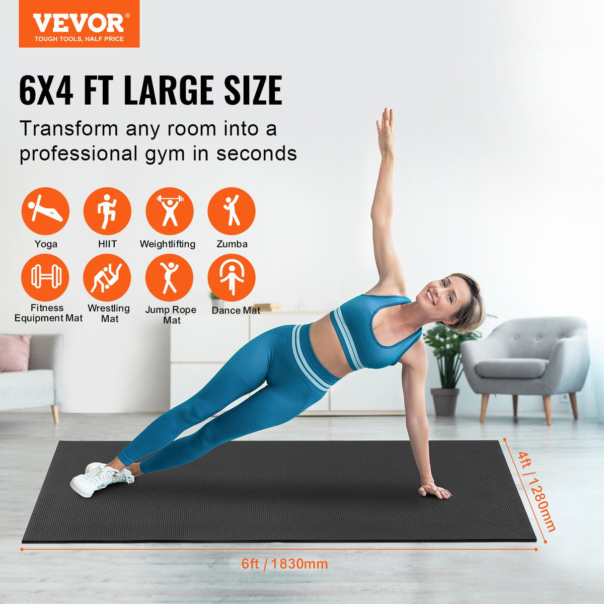 VEVOR Exercise Mat, Non Slip High Density Premium Yoga Mat, Exercise Yoga Mat for Men & Women, Fitness & Exercise Mat with Bag & Carry Strap, for All Types of Home Yoga, Pilate & Floor Workout (6x4ft) - DXYJD4YC6YC0WR5E5V0 - view 3