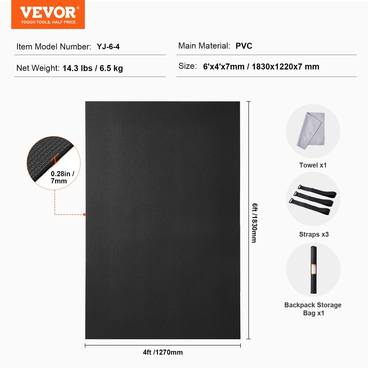 VEVOR Exercise Mat, Non Slip High Density Premium Yoga Mat, Exercise Yoga Mat for Men & Women, Fitness & Exercise Mat with Bag & Carry Strap, for All Types of Home Yoga, Pilate & Floor Workout (6x4ft) - DXYJD4YC6YC0WR5E5V0 - view 8