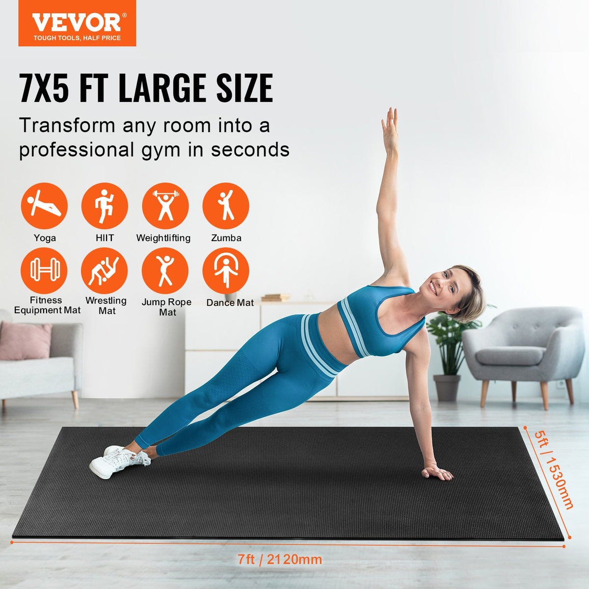 VEVOR Exercise Mat, Non Slip High Density Premium Yoga Mat, Exercise Yoga Mat for Men & Women, Fitness & Exercise Mat with Bag & Carry Strap, for All Types of Home Yoga, Pilate & Floor Workout (7x5ft) - DXYJD5YC7YC0J4PNRV0 - view 3