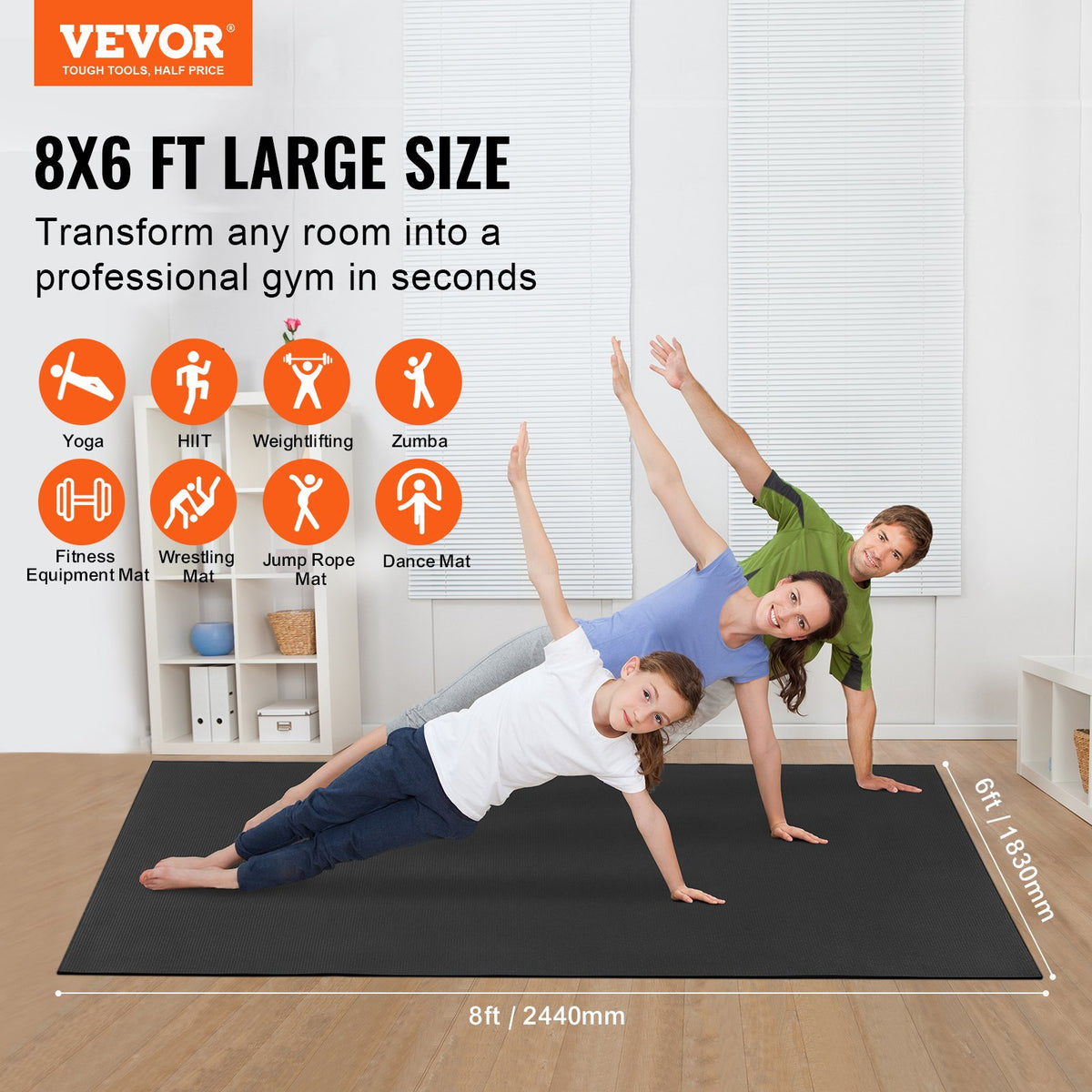 VEVOR Exercise Mat, Non Slip High Density Premium Yoga Mat, Exercise Yoga Mat for Men & Women, Fitness & Exercise Mat with Bag & Carry Strap, for All Types of Home Yoga, Pilate & Floor Workout (8x6ft) - DXYJD6YC8YC0B74WBV0 - view 3