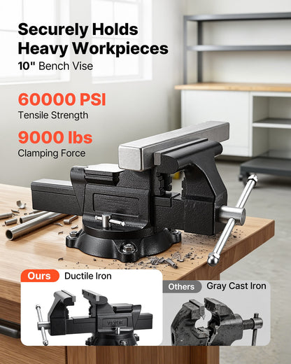 VEVOR Heavy Duty Bench Vise, 10" Jaw Width, Multi-Purpose Ductile Iron Bench Vise with Anvil and 360-Degree Locking Swivel Base, 4.3" Throat Depth, 10" Max Jaw Opening, for Drilling, Pipe Cutting - DXZSDGNTQ10IR5YII001V0 - view 3