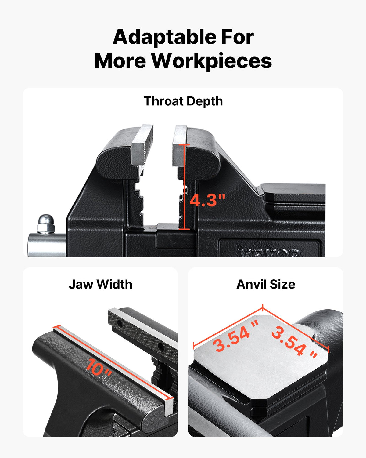 VEVOR Heavy Duty Bench Vise, 10" Jaw Width, Multi-Purpose Ductile Iron Bench Vise with Anvil and 360-Degree Locking Swivel Base, 4.3" Throat Depth, 10" Max Jaw Opening, for Drilling, Pipe Cutting - DXZSDGNTQ10IR5YII001V0 - view 4
