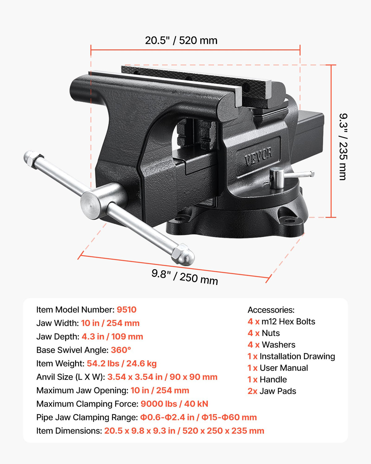 VEVOR Heavy Duty Bench Vise, 10" Jaw Width, Multi-Purpose Ductile Iron Bench Vise with Anvil and 360-Degree Locking Swivel Base, 4.3" Throat Depth, 10" Max Jaw Opening, for Drilling, Pipe Cutting - DXZSDGNTQ10IR5YII001V0 - view 8
