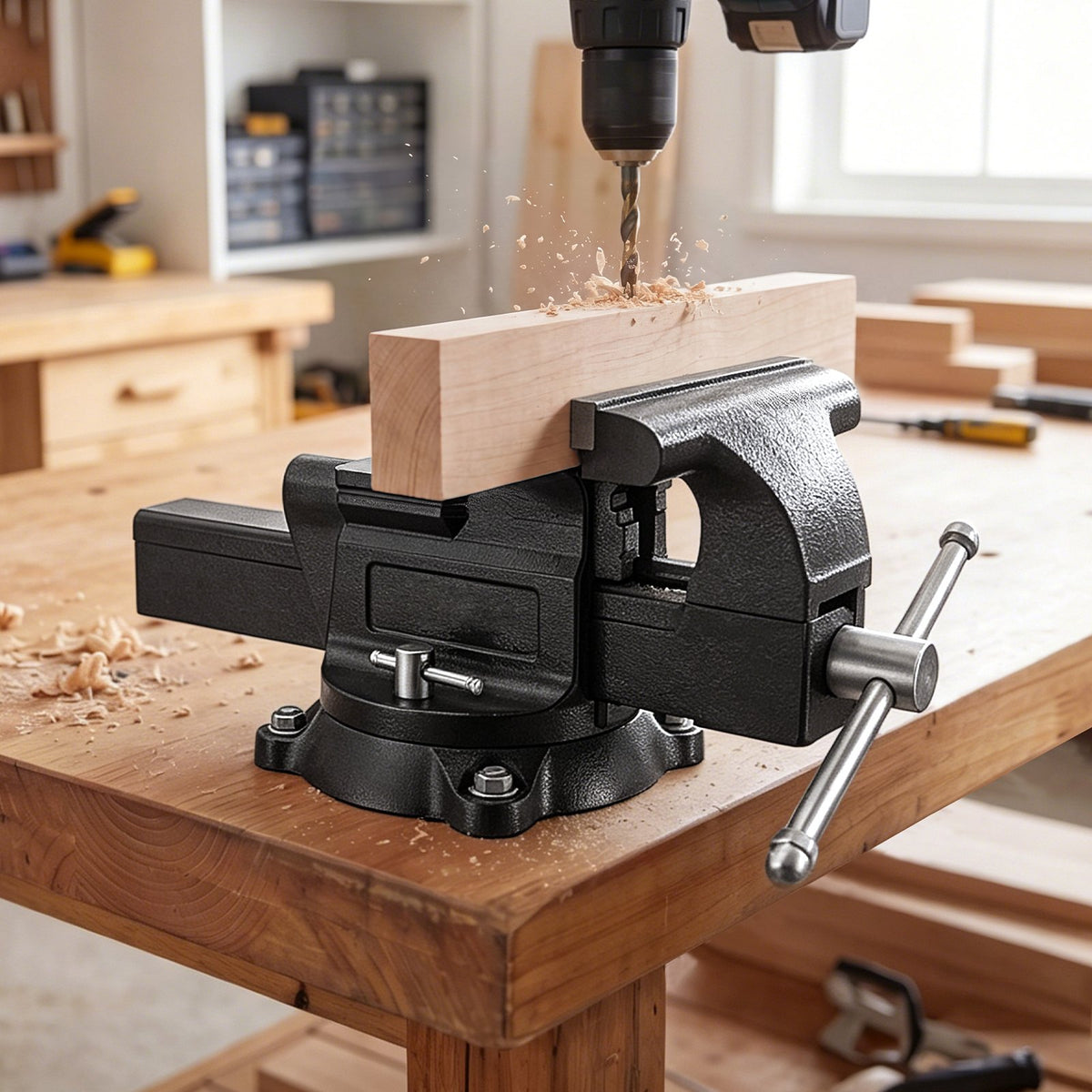 VEVOR Heavy Duty Bench Vise, 10" Jaw Width, Multi-Purpose Ductile Iron Bench Vise with Anvil and 360-Degree Locking Swivel Base, 4.3" Throat Depth, 10" Max Jaw Opening, for Drilling, Pipe Cutting - DXZSDGNTQ10IR5YII001V0 - view 9