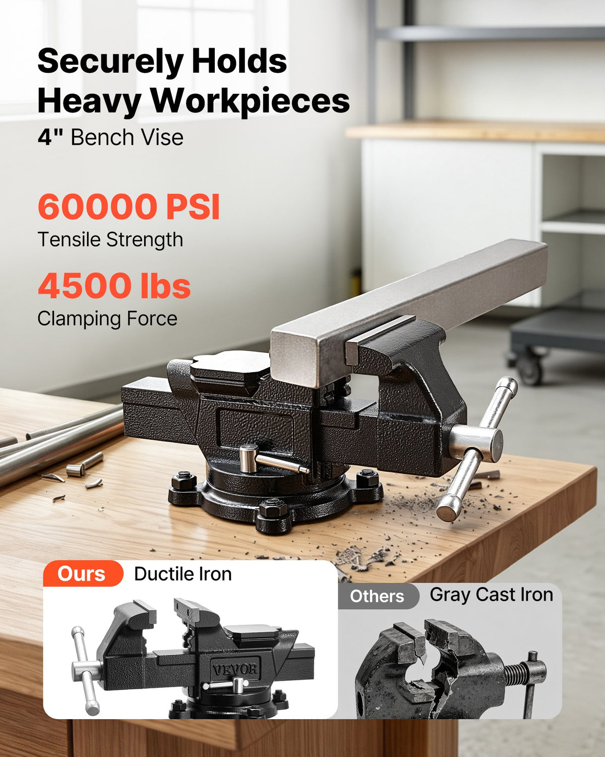 VEVOR Heavy Duty Bench Vise, 4" Jaw Width, Multi-Purpose Ductile Iron Bench Vise with Anvil and 360-Degree Locking Swivel Base, 2.24" Throat Depth, 4.7" Max Jaw Opening, for Drilling, Pipe Cutting - DXZSDGNTQ4INR4MN8001V0 - view 3