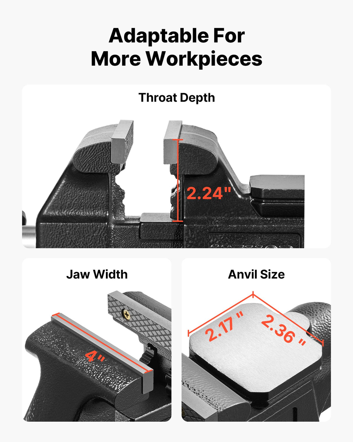VEVOR Heavy Duty Bench Vise, 4" Jaw Width, Multi-Purpose Ductile Iron Bench Vise with Anvil and 360-Degree Locking Swivel Base, 2.24" Throat Depth, 4.7" Max Jaw Opening, for Drilling, Pipe Cutting - DXZSDGNTQ4INR4MN8001V0 - view 4