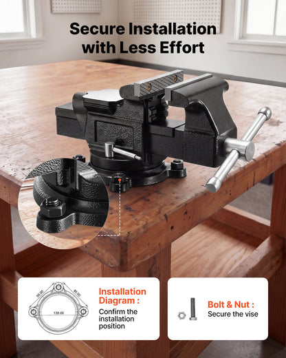 VEVOR Heavy Duty Bench Vise, 4" Jaw Width, Multi-Purpose Ductile Iron Bench Vise with Anvil and 360-Degree Locking Swivel Base, 2.24" Throat Depth, 4.7" Max Jaw Opening, for Drilling, Pipe Cutting - DXZSDGNTQ4INR4MN8001V0 - view 7
