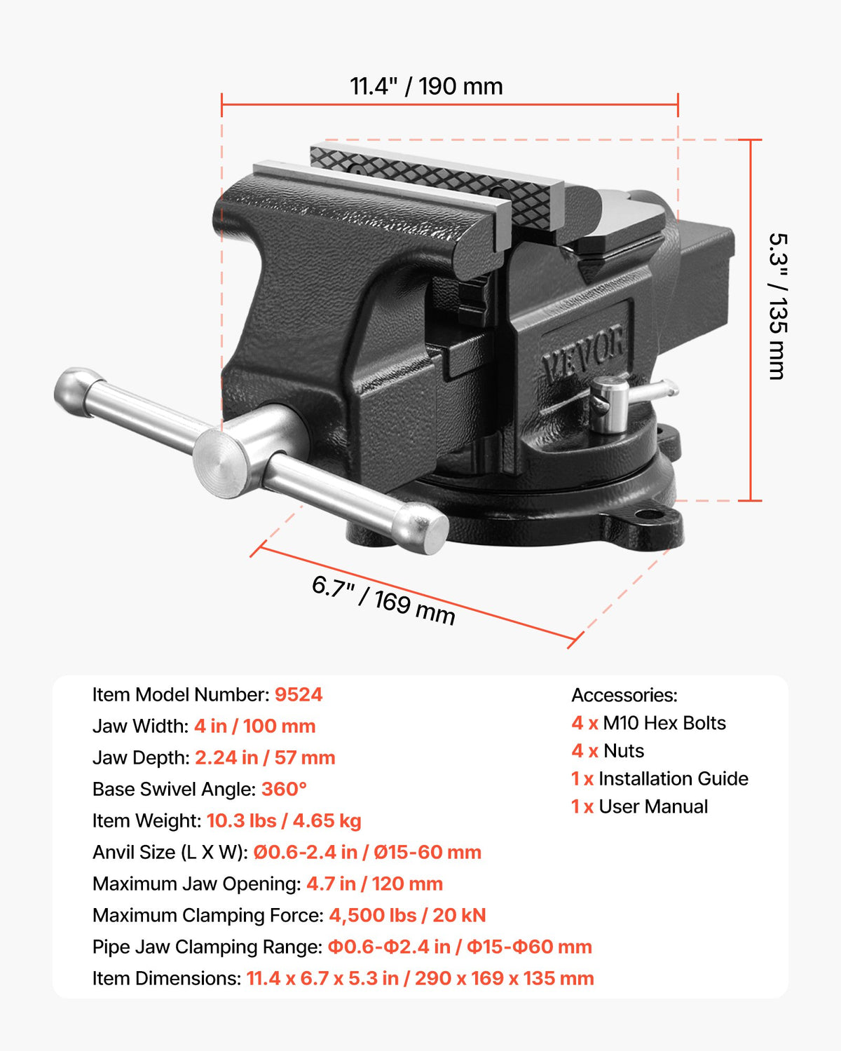 VEVOR Heavy Duty Bench Vise, 4" Jaw Width, Multi-Purpose Ductile Iron Bench Vise with Anvil and 360-Degree Locking Swivel Base, 2.24" Throat Depth, 4.7" Max Jaw Opening, for Drilling, Pipe Cutting - DXZSDGNTQ4INR4MN8001V0 - view 8