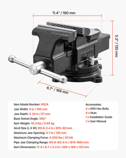 VEVOR Heavy Duty Bench Vise, 4" Jaw Width, Multi-Purpose Ductile Iron Bench Vise with Anvil and 360-Degree Locking Swivel Base, 2.24" Throat Depth, 4.7" Max Jaw Opening, for Drilling, Pipe Cutting - DXZSDGNTQ4INR4MN8001V0 - view 8