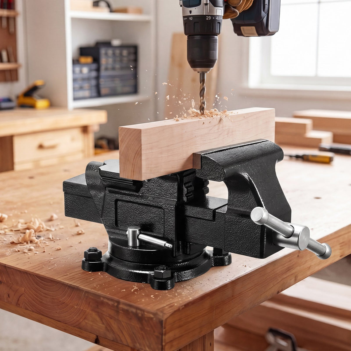 VEVOR Heavy Duty Bench Vise, 4" Jaw Width, Multi-Purpose Ductile Iron Bench Vise with Anvil and 360-Degree Locking Swivel Base, 2.24" Throat Depth, 4.7" Max Jaw Opening, for Drilling, Pipe Cutting - DXZSDGNTQ4INR4MN8001V0 - view 9