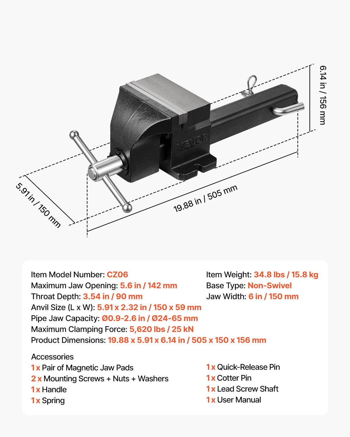 VEVOR Truck Hitch Vise, 6" Jaw Width, Heavy Duty Ductile Iron Bench Vise with Anvil, 1 Pair Magnetic Jaw Pads, Pin, 3.54" Throat Depth, 5.6" Max Jaw Opening, Multi-Purpose, for Truck Trailer Receiver - DXZSDGNTQ6IN8XU3P001V0 - view 8