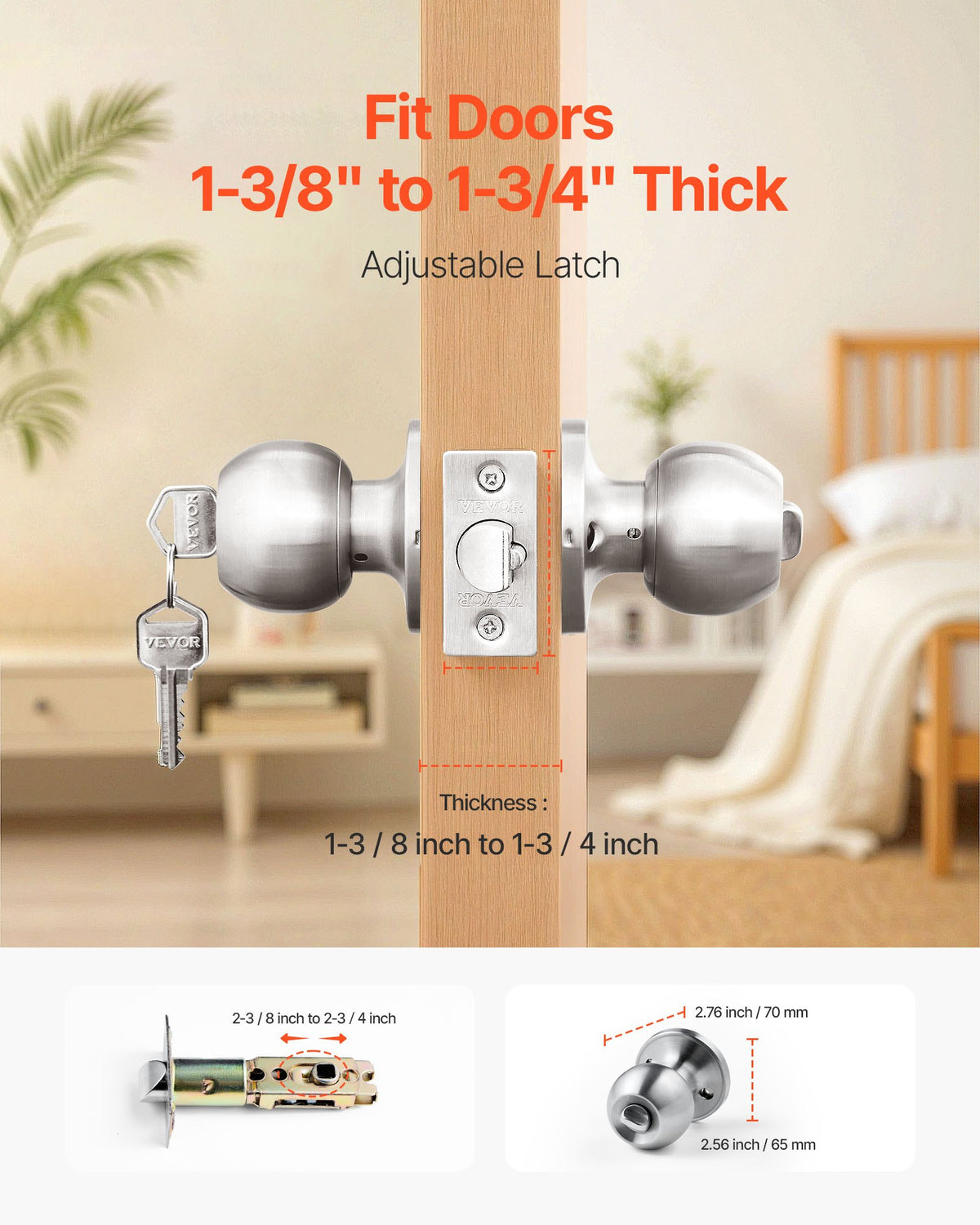 VEVOR Keyed Entry Door Knob, Satin Nickel Door Knob with Round Ball, Keyed Exterior & Thumb Turn Lock Interior, All Metal Doorknobs Hardware with Lock and Keys, Modern Design for Bedroom & Bathroom - DYCMBSDMN1G06W78F001V0 - view 3