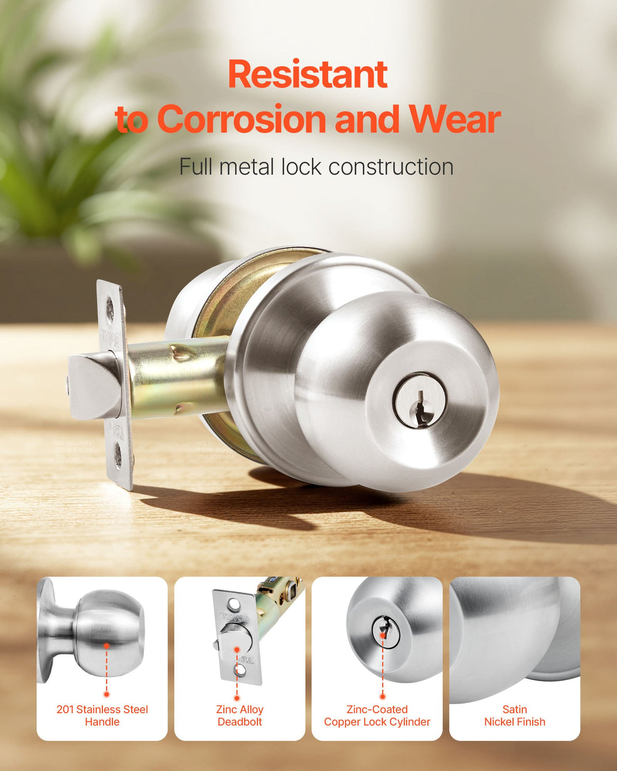 VEVOR Keyed Entry Door Knob, Satin Nickel Door Knob with Round Ball, Keyed Exterior & Thumb Turn Lock Interior, All Metal Doorknobs Hardware with Lock and Keys, Modern Design for Bedroom & Bathroom - DYCMBSDMN1G06W78F001V0 - view 4
