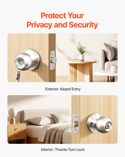 VEVOR Keyed Entry Door Knob, Satin Nickel Door Knob with Round Ball, Keyed Exterior & Thumb Turn Lock Interior, All Metal Doorknobs Hardware with Lock and Keys, Modern Design for Bedroom & Bathroom - DYCMBSDMN1G06W78F001V0 - view 5