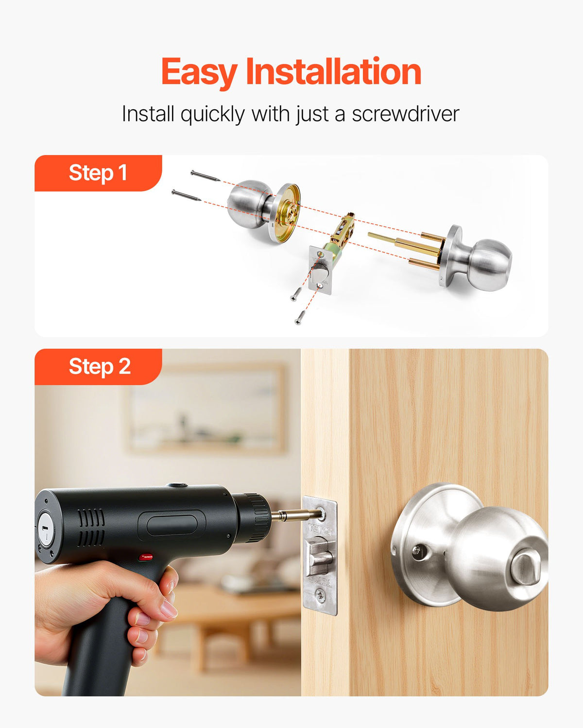 VEVOR Keyed Entry Door Knob, Satin Nickel Door Knob with Round Ball, Keyed Exterior & Thumb Turn Lock Interior, All Metal Doorknobs Hardware with Lock and Keys, Modern Design for Bedroom & Bathroom - DYCMBSDMN1G06W78F001V0 - view 6