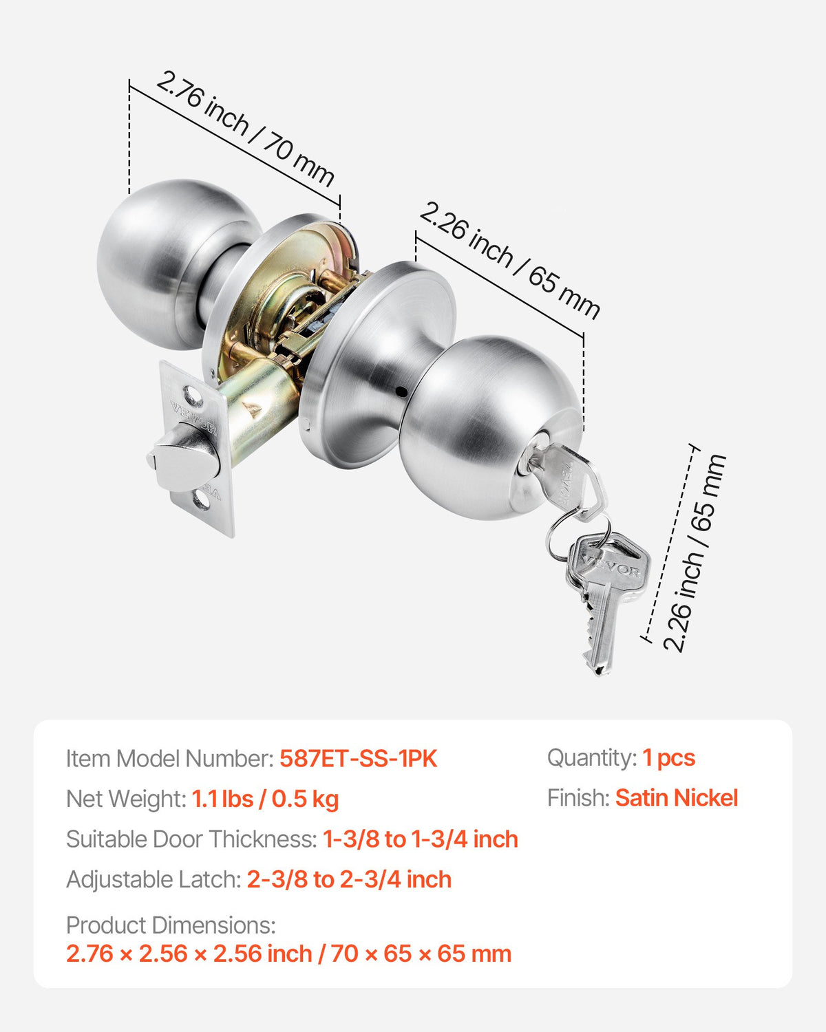 VEVOR Keyed Entry Door Knob, Satin Nickel Door Knob with Round Ball, Keyed Exterior & Thumb Turn Lock Interior, All Metal Doorknobs Hardware with Lock and Keys, Modern Design for Bedroom & Bathroom - DYCMBSDMN1G06W78F001V0 - view 8