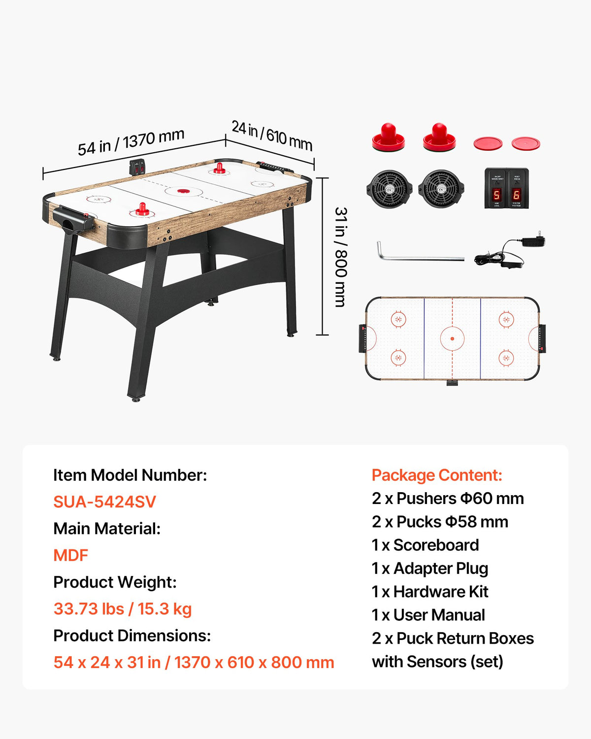 VEVOR 54" Air Hockey Table with Electronic Scorer & High-powered Blower, for Family Game Room, Basements and Home Air Powered Hockey Arcade Game Table Set with Pushers & Pucks, Stable Leg - DYKQGQZ54INCI82WC001V1 - view 8