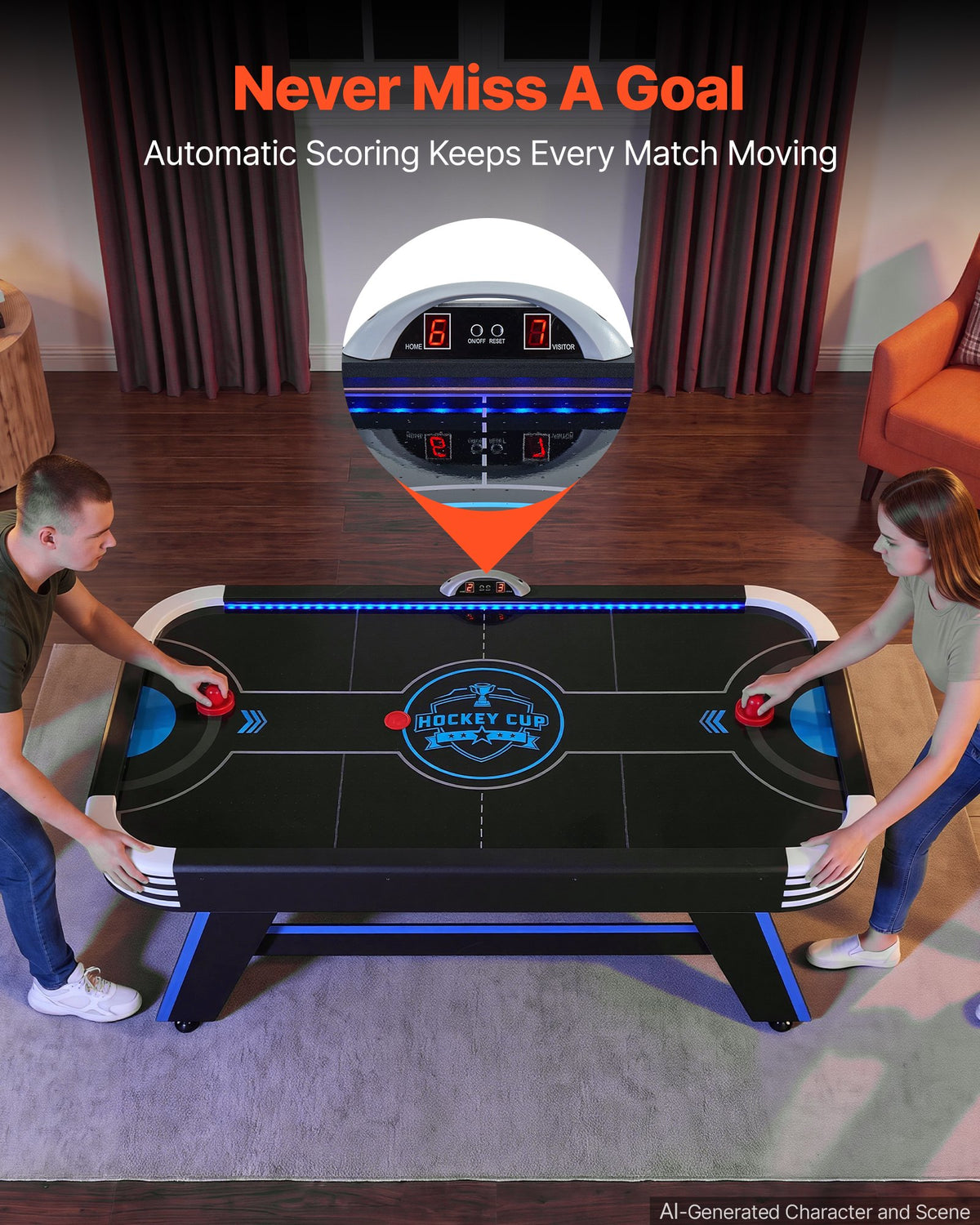VEVOR 72" Air Hockey Table with LED Lights & Electronic Scorer, for Family Game Room, Basements and Home, Air Powered Hockey Arcade Game Table Set with High-powered Blower, Stable Leg - DYKQGQZ72INCE7307001V1 - view 6
