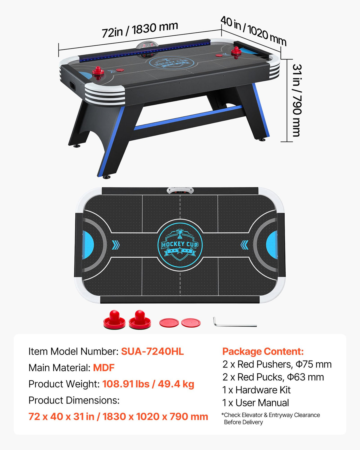VEVOR 72" Air Hockey Table with LED Lights & Electronic Scorer, for Family Game Room, Basements and Home, Air Powered Hockey Arcade Game Table Set with High-powered Blower, Stable Leg - DYKQGQZ72INCE7307001V1 - view 8