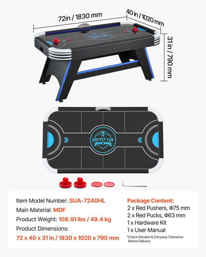 VEVOR 72" Air Hockey Table with LED Lights & Electronic Scorer, for Family Game Room, Basements and Home, Air Powered Hockey Arcade Game Table Set with High-powered Blower, Stable Leg - DYKQGQZ72INCE7307001V1 - view 8