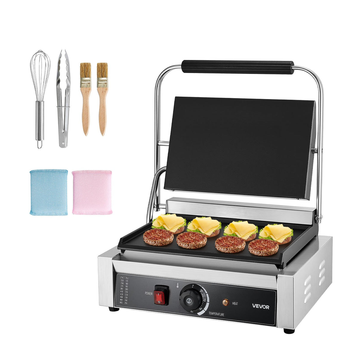 VEVOR Commercial Panini Grill, 1800W Electric Sandwich Panini Maker, Stainless Steel Sandwichs Press Grill with Handle and Temp Control, 13.5x9.3 in Full Flat Enamel Plate, for Hamburger Steak Bacon - DYYBDBL139YCMVTHB002V1 - view 1