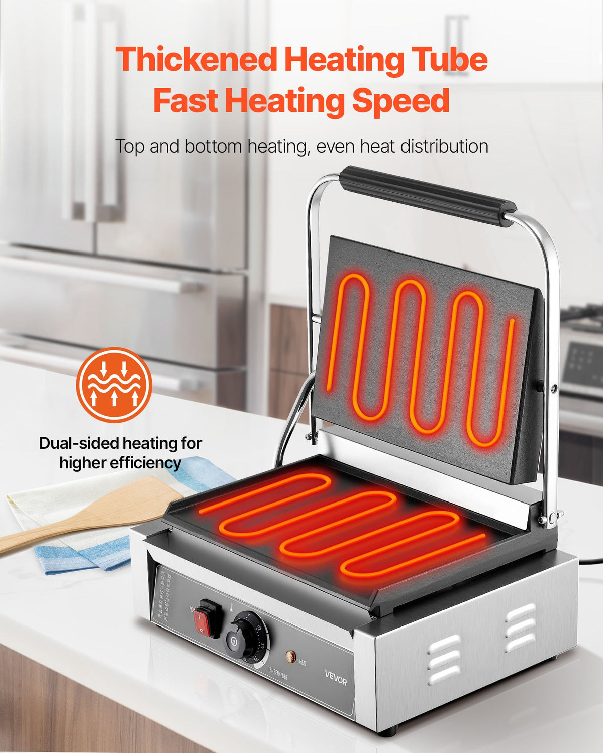 VEVOR Commercial Panini Grill, 1800W Electric Sandwich Panini Maker, Stainless Steel Sandwichs Press Grill with Handle and Temp Control, 13.5x9.3 in Full Flat Enamel Plate, for Hamburger Steak Bacon - DYYBDBL139YCMVTHB002V1 - view 3