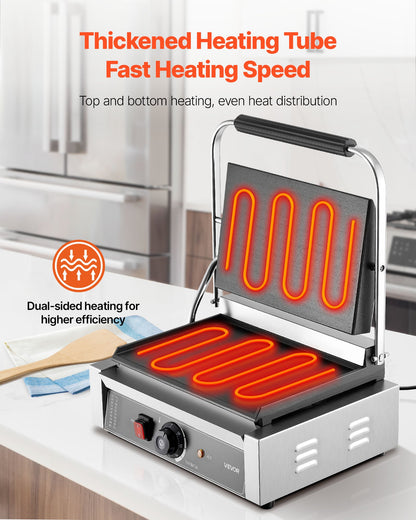VEVOR Commercial Panini Grill, 1800W Electric Sandwich Panini Maker, Stainless Steel Sandwichs Press Grill with Handle and Temp Control, 13.5x9.3 in Full Flat Enamel Plate, for Hamburger Steak Bacon - DYYBDBL139YCMVTHB002V1 - view 3