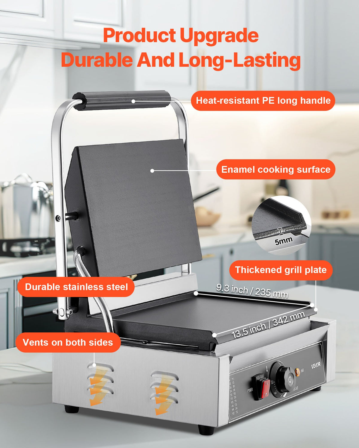 VEVOR Commercial Panini Grill, 1800W Electric Sandwich Panini Maker, Stainless Steel Sandwichs Press Grill with Handle and Temp Control, 13.5x9.3 in Full Flat Enamel Plate, for Hamburger Steak Bacon - DYYBDBL139YCMVTHB002V1 - view 4