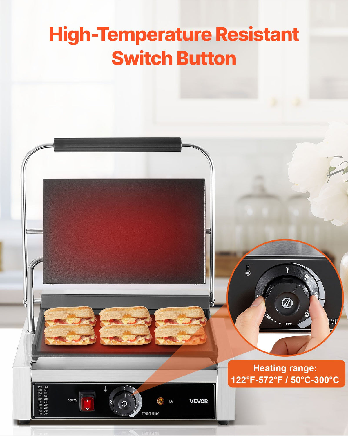 VEVOR Commercial Panini Grill, 1800W Electric Sandwich Panini Maker, Stainless Steel Sandwichs Press Grill with Handle and Temp Control, 13.5x9.3 in Full Flat Enamel Plate, for Hamburger Steak Bacon - DYYBDBL139YCMVTHB002V1 - view 6
