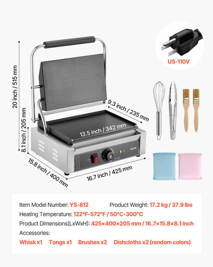 VEVOR Commercial Panini Grill, 1800W Electric Sandwich Panini Maker, Stainless Steel Sandwichs Press Grill with Handle and Temp Control, 13.5x9.3 in Full Flat Enamel Plate, for Hamburger Steak Bacon - DYYBDBL139YCMVTHB002V1 - view 8