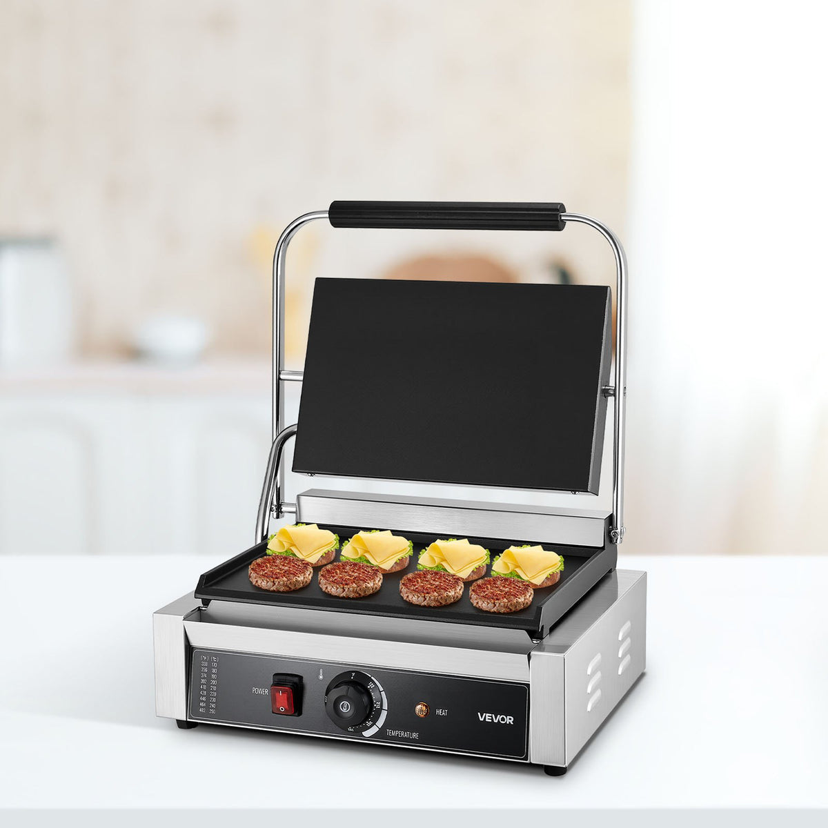 VEVOR Commercial Panini Grill, 1800W Electric Sandwich Panini Maker, Stainless Steel Sandwichs Press Grill with Handle and Temp Control, 13.5x9.3 in Full Flat Enamel Plate, for Hamburger Steak Bacon - DYYBDBL139YCMVTHB002V1 - view 9