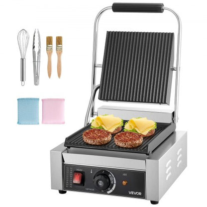 VEVOR Commercial Panini Grill, 1800W Electric Sandwich Panini Maker, Stainless Steel Sandwichs Press Grill with Handle and Temp Control, 8.8x9 in Full Grooved Enamel Plate for Hamburger Steak Bacon - DYYBDBL1800W0HSPJ002V1 - view 2