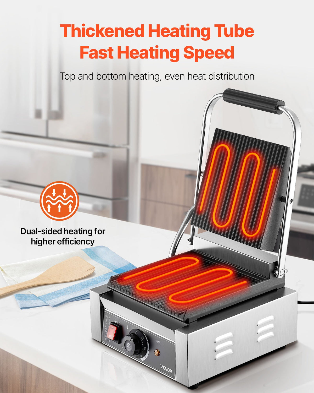 VEVOR Commercial Panini Grill, 1800W Electric Sandwich Panini Maker, Stainless Steel Sandwichs Press Grill with Handle and Temp Control, 8.8x9 in Full Grooved Enamel Plate for Hamburger Steak Bacon - DYYBDBL1800W0HSPJ002V1 - view 3