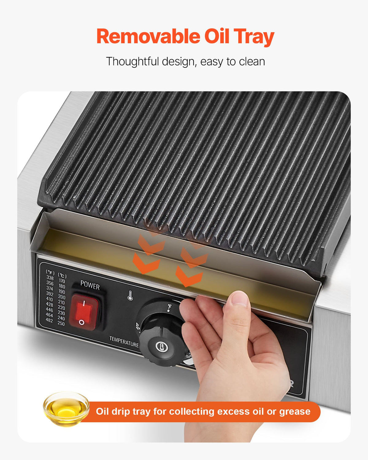 VEVOR Commercial Panini Grill, 1800W Electric Sandwich Panini Maker, Stainless Steel Sandwichs Press Grill with Handle and Temp Control, 8.8x9 in Full Grooved Enamel Plate for Hamburger Steak Bacon - DYYBDBL1800W0HSPJ002V1 - view 5