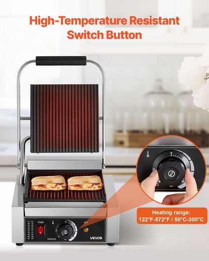 VEVOR Commercial Panini Grill, 1800W Electric Sandwich Panini Maker, Stainless Steel Sandwichs Press Grill with Handle and Temp Control, 8.8x9 in Full Grooved Enamel Plate for Hamburger Steak Bacon - DYYBDBL1800W0HSPJ002V1 - view 6