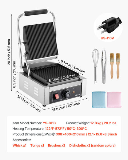 VEVOR Commercial Panini Grill, 1800W Electric Sandwich Panini Maker, Stainless Steel Sandwichs Press Grill with Handle and Temp Control, 8.8x9 in Full Grooved Enamel Plate for Hamburger Steak Bacon - DYYBDBL1800W0HSPJ002V1 - view 8