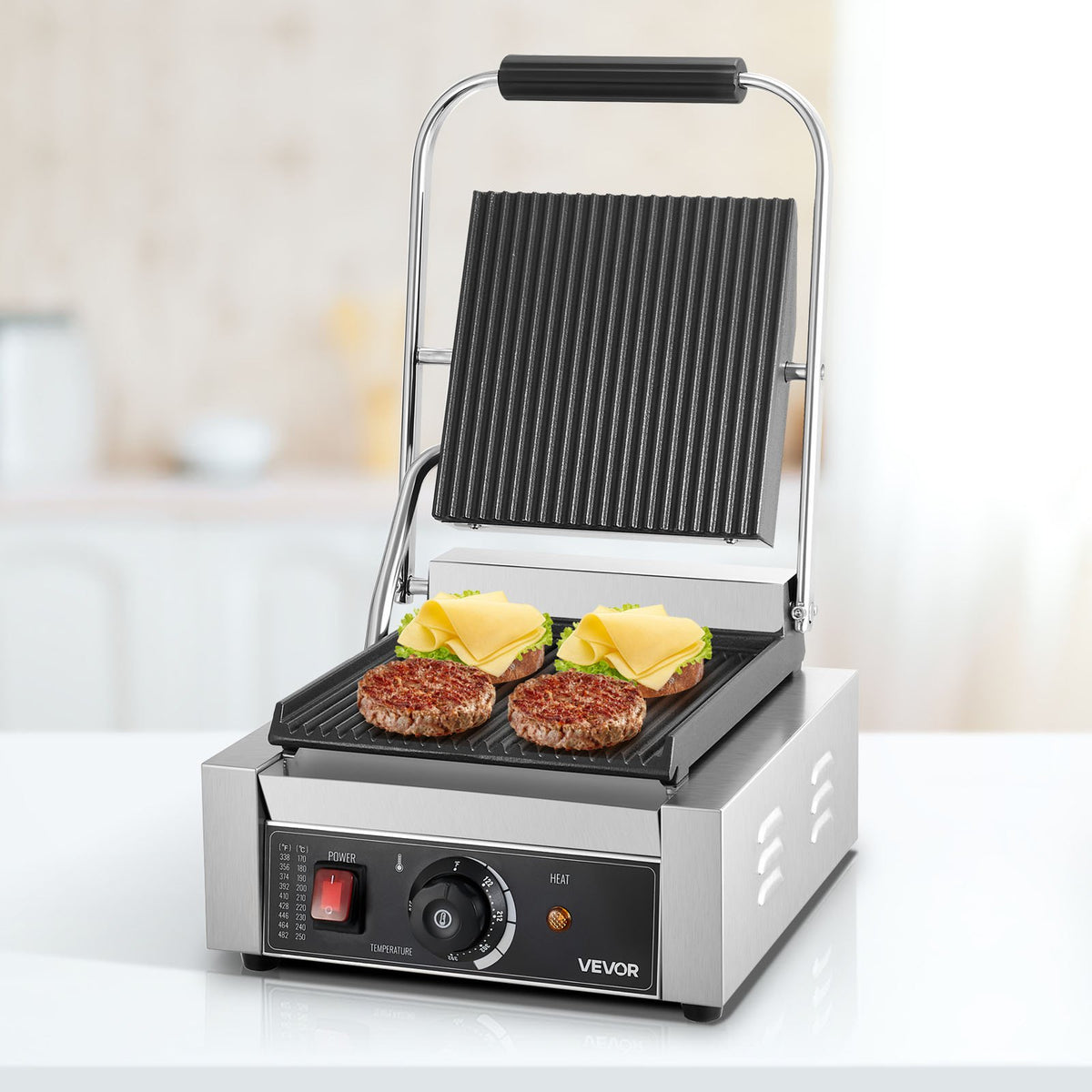 VEVOR Commercial Panini Grill, 1800W Electric Sandwich Panini Maker, Stainless Steel Sandwichs Press Grill with Handle and Temp Control, 8.8x9 in Full Grooved Enamel Plate for Hamburger Steak Bacon - DYYBDBL1800W0HSPJ002V1 - view 9