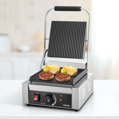 VEVOR Commercial Panini Grill, 1800W Electric Sandwich Panini Maker, Stainless Steel Sandwichs Press Grill with Handle and Temp Control, 8.8x9 in Full Grooved Enamel Plate for Hamburger Steak Bacon - DYYBDBL1800W0HSPJ002V1 - view 9