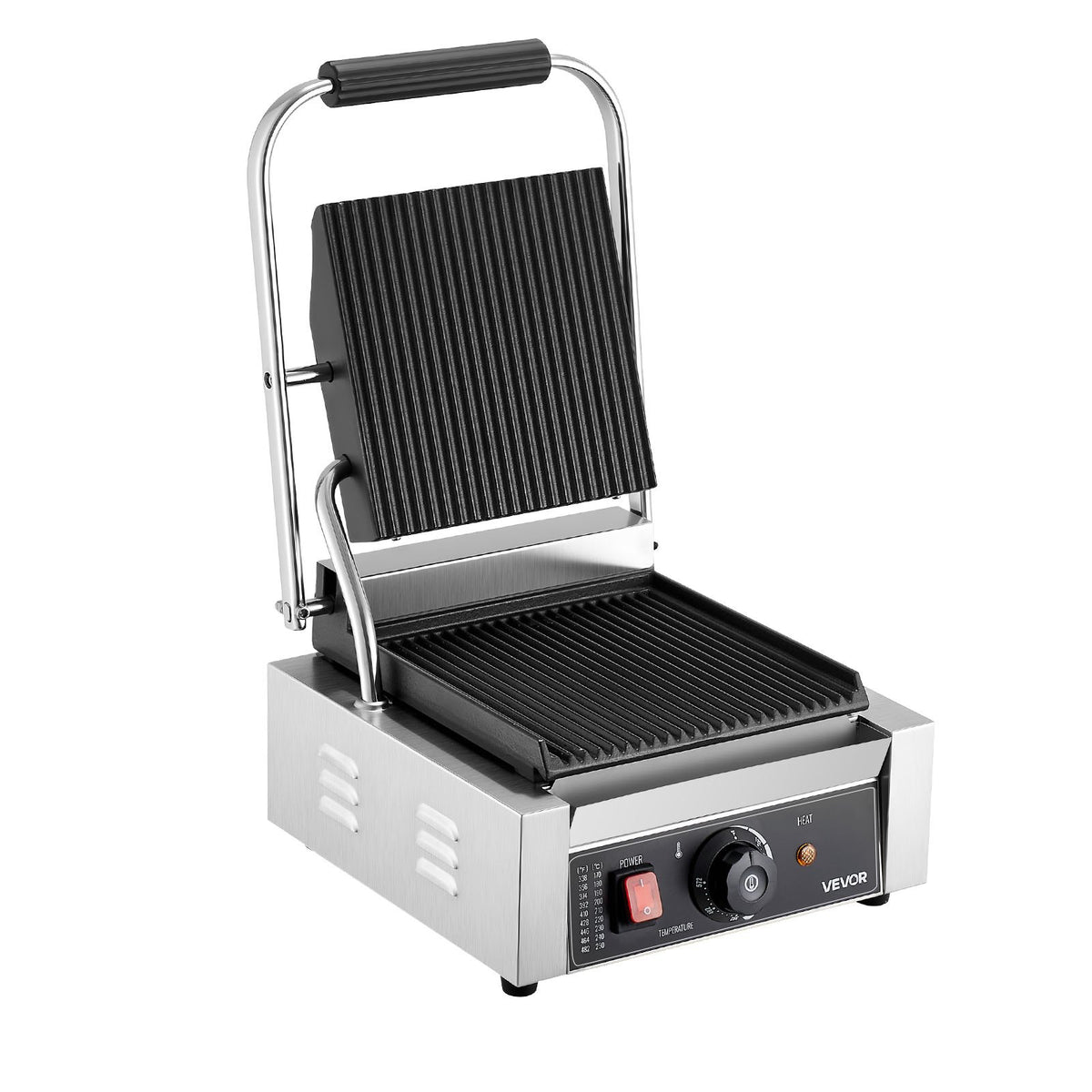 VEVOR Commercial Panini Grill, 1800W Electric Sandwich Panini Maker, Stainless Steel Sandwichs Press Grill with Handle and Temp Control, 8.8x9 in Full Grooved Enamel Plate for Hamburger Steak Bacon - DYYBDBL1800W0HSPJ002V1 - view 10