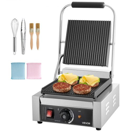 VEVOR Commercial Panini Grill, 1800W Electric Sandwich Panini Maker, Stainless Steel Sandwich Press Grill, Panini Grill with Temp Control & 9"x9" Full Grooved Enamel Plate for Hamburger Steak Bacon - DYYBDBL1800W0HSPJV1 - view 2