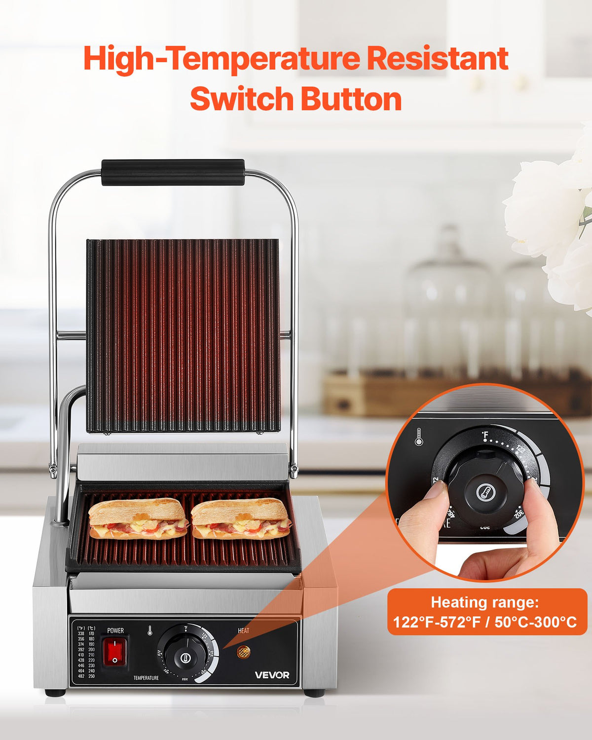VEVOR Commercial Panini Grill, 1800W Electric Sandwich Panini Maker, Stainless Steel Sandwich Press Grill, Panini Grill with Temp Control & 9"x9" Full Grooved Enamel Plate for Hamburger Steak Bacon - DYYBDBL1800W0HSPJV1 - view 6