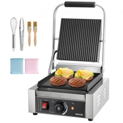 VEVOR Commercial Panini Grill, 1800W Electric Sandwich Panini Maker, Stainless Steel Sandwichs Press Grill with Handle and Temp Control, 8.8x9 in Flat Enamel Plate, for Hamburger Steak Bacon - DYYBDBL1800W2DDML002V1 - view 2