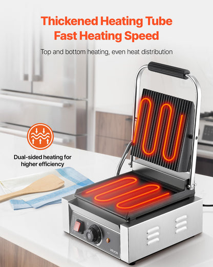 VEVOR Commercial Panini Grill, 1800W Electric Sandwich Panini Maker, Stainless Steel Sandwichs Press Grill with Handle and Temp Control, 8.8x9 in Flat Enamel Plate, for Hamburger Steak Bacon - DYYBDBL1800W2DDML002V1 - view 3