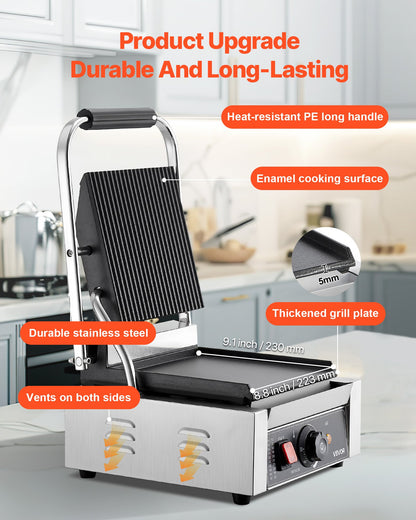 VEVOR Commercial Panini Grill, 1800W Electric Sandwich Panini Maker, Stainless Steel Sandwichs Press Grill with Handle and Temp Control, 8.8x9 in Flat Enamel Plate, for Hamburger Steak Bacon - DYYBDBL1800W2DDML002V1 - view 4