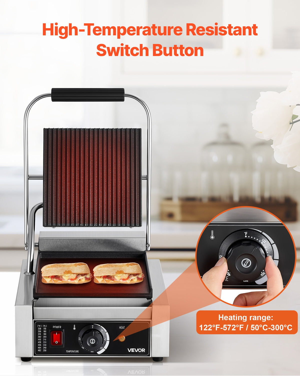 VEVOR Commercial Panini Grill, 1800W Electric Sandwich Panini Maker, Stainless Steel Sandwichs Press Grill with Handle and Temp Control, 8.8x9 in Flat Enamel Plate, for Hamburger Steak Bacon - DYYBDBL1800W2DDML002V1 - view 6