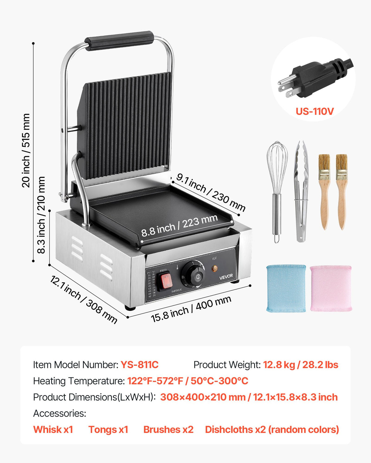 VEVOR Commercial Panini Grill, 1800W Electric Sandwich Panini Maker, Stainless Steel Sandwichs Press Grill with Handle and Temp Control, 8.8x9 in Flat Enamel Plate, for Hamburger Steak Bacon - DYYBDBL1800W2DDML002V1 - view 8