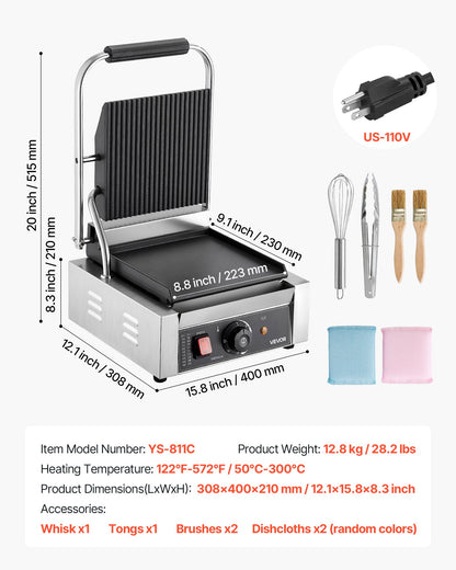 VEVOR Commercial Panini Grill, 1800W Electric Sandwich Panini Maker, Stainless Steel Sandwichs Press Grill with Handle and Temp Control, 8.8x9 in Flat Enamel Plate, for Hamburger Steak Bacon - DYYBDBL1800W2DDML002V1 - view 8